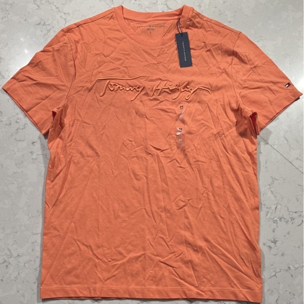 NWT Tommy Hilfiger T-Shirt Mens Medium Orange Script Embroidered Logo Cotton Tee